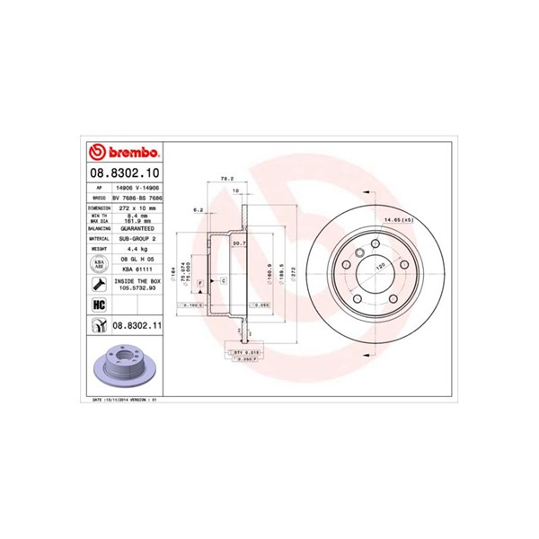 Bromsskiva Solid, Bakaxel Brembo Coated disc line 08.8302.11 BREMBO