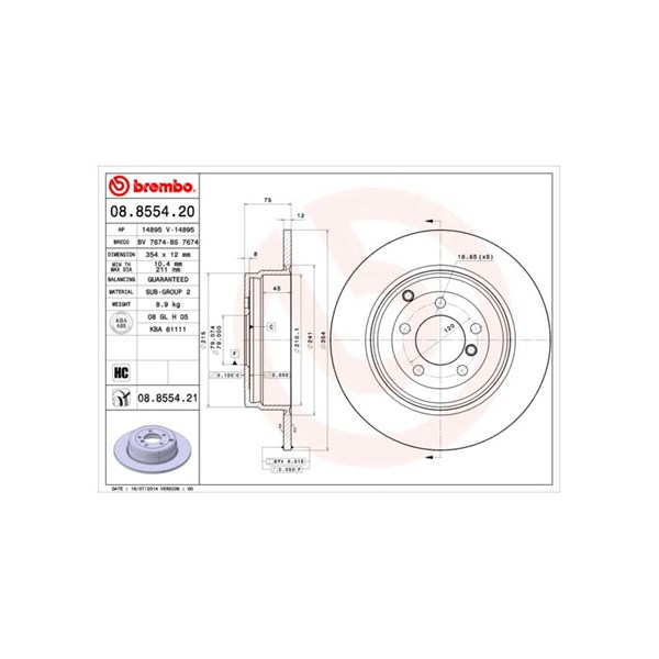Bromsskiva Solid, Bakaxel Brembo Coated disc line 08.8554.21 BREMBO