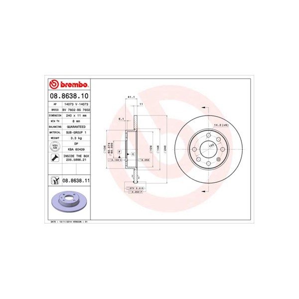 Bromsskiva Solid, Framaxel Brembo Coated disc line 08.8638.11 BREMBO