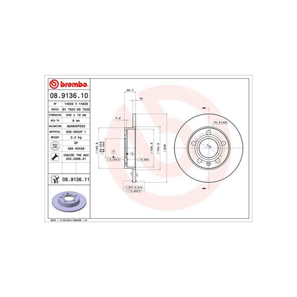 Bromsskiva Solid, Bakaxel Brembo 08.9136.10 BREMBO