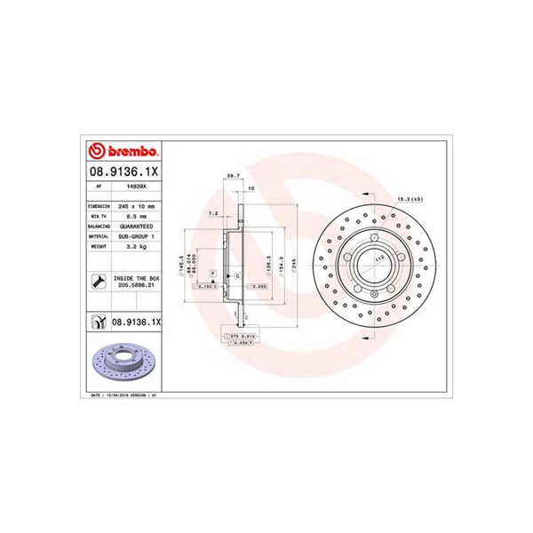 Bromsskiva Solid, Bakaxel Brembo Brembo xtra line 08.9136.1X BREMBO