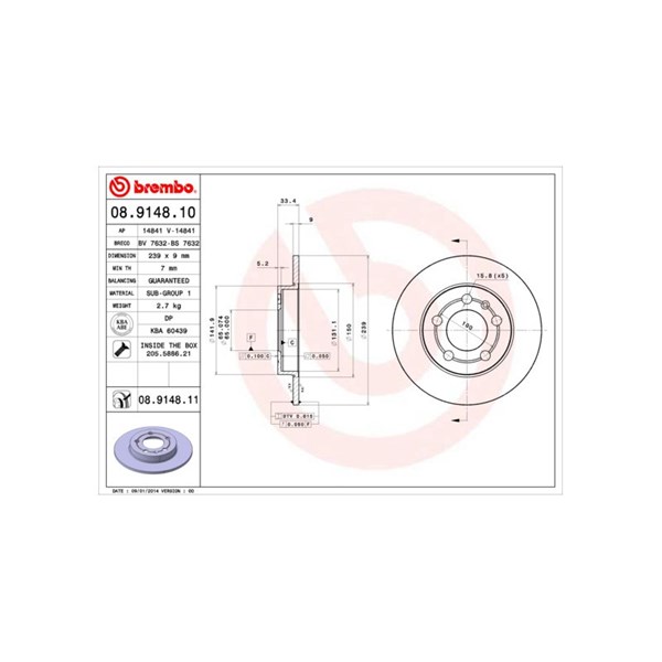 Bromsskiva Solid, Bakaxel Brembo Coated disc line 08.9148.11 BREMBO