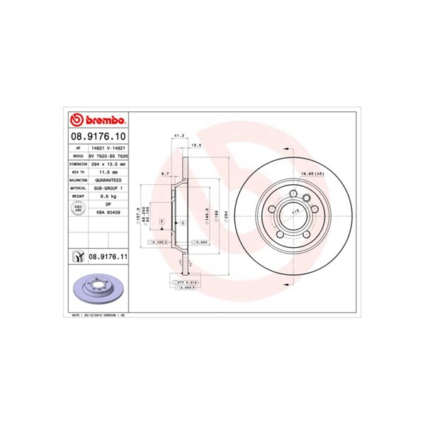 Bromsskiva Solid, Bakaxel Brembo Coated disc line 08.9176.11 BREMBO