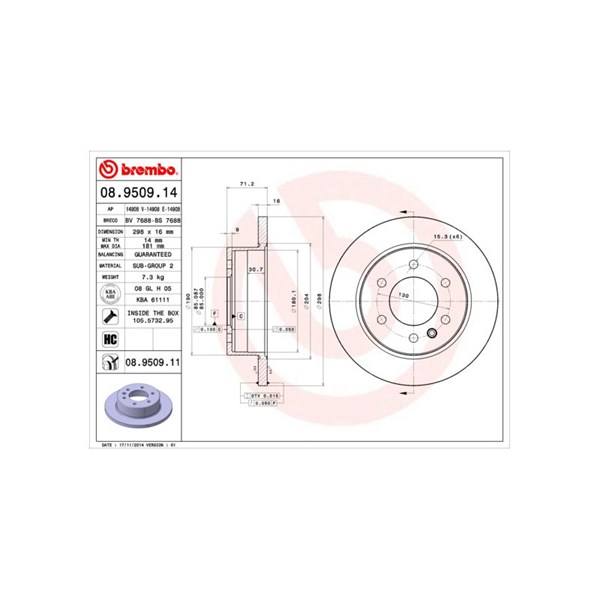 Bromsskiva Solid, Bakaxel Brembo Coated disc line 08.9509.11 BREMBO