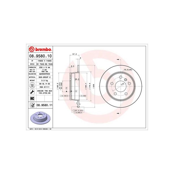 Bromsskiva Solid, Bakaxel Brembo 08.9580.10 BREMBO