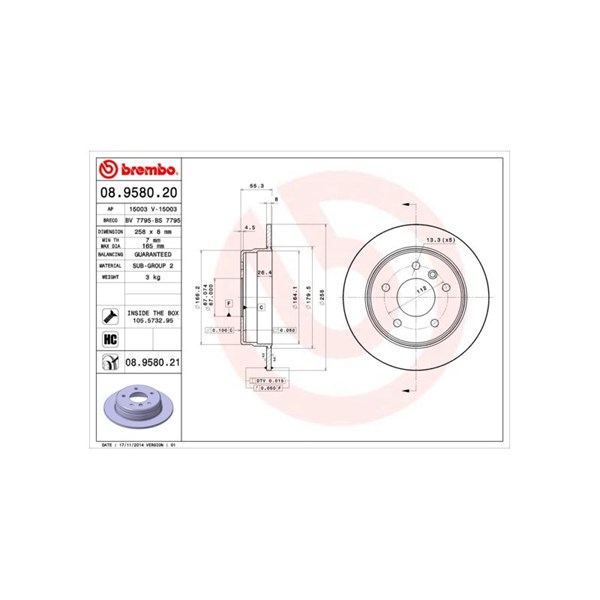 Bromsskiva Solid, Bakaxel Brembo 08.9580.20 BREMBO