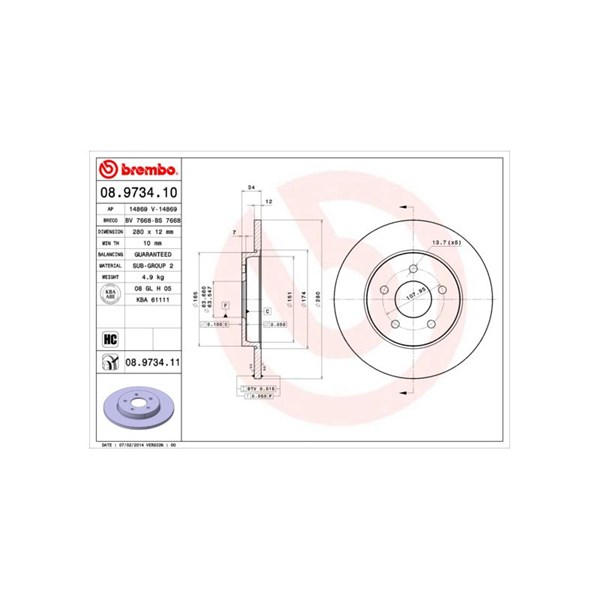Bromsskiva Solid, Bakaxel Brembo Coated disc line 08.9734.11 BREMBO