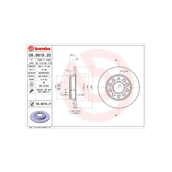 Bromsskiva Solid, Bakaxel Brembo 08.9918.20 BREMBO