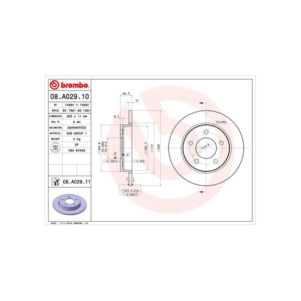 Bromsskiva Solid, Bakaxel Brembo 08.A029.10 BREMBO