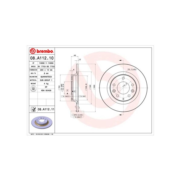 Bromsskiva Solid, Bakaxel Brembo 08.A112.10 BREMBO