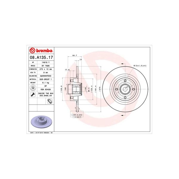 Bromsskiva Solid, Bakaxel Brembo Bearing disc line 08.A135.17 BREMBO