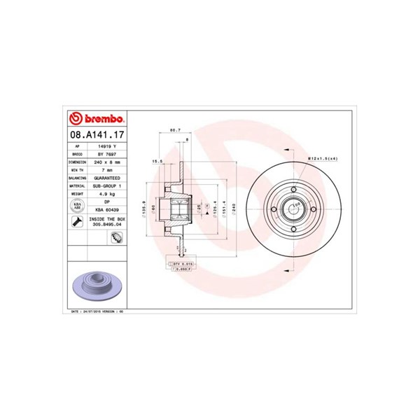 Bromsskiva Solid, Bakaxel Brembo Bearing disc line 08.A141.17 BREMBO
