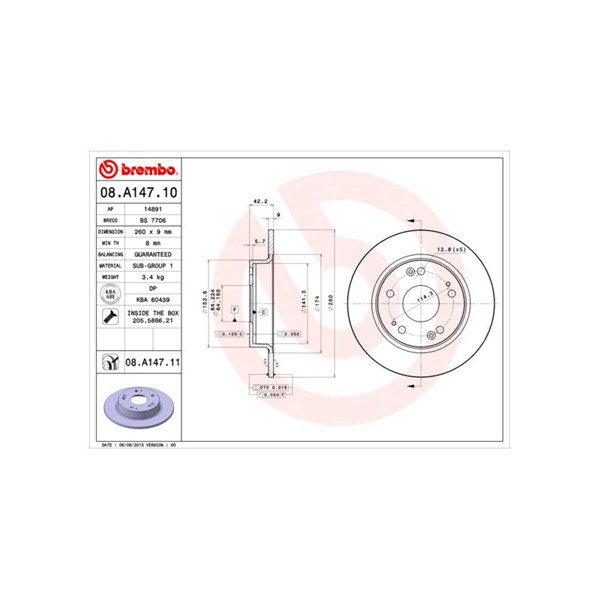 Bromsskiva Solid, Bakaxel Brembo 08.A147.10 BREMBO