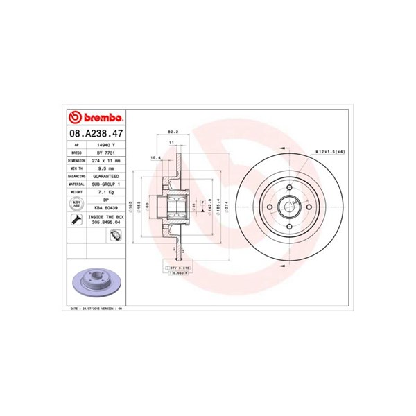 Bromsskiva Solid, Bakaxel Brembo Bearing disc line 08.A238.47 BREMBO