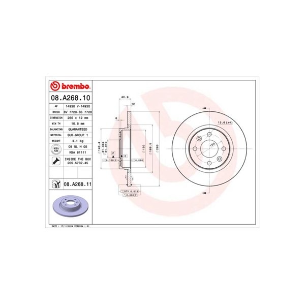 Bromsskiva Solid, Framaxel Brembo 08.A268.10 BREMBO