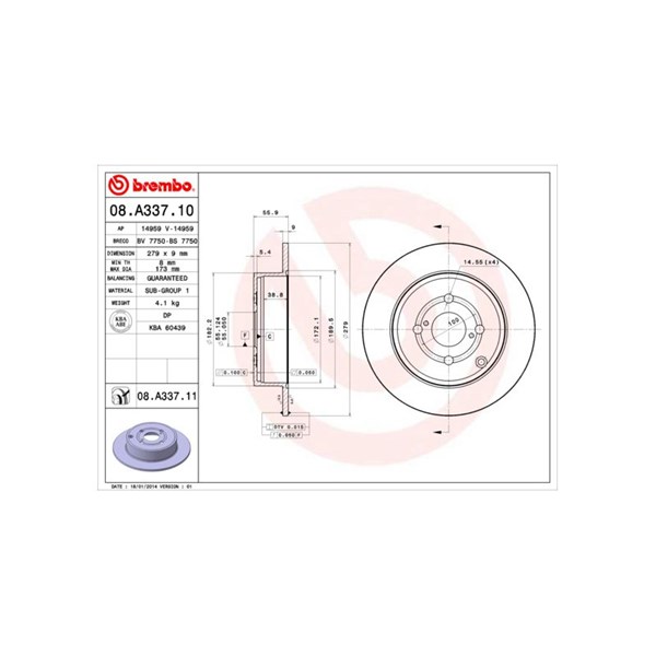 Bromsskiva Solid, Bakaxel Brembo Coated disc line 08.A337.11 BREMBO