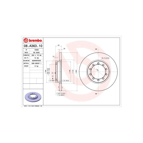 Bromsskiva Solid, Bakaxel Brembo 08.A363.10 BREMBO