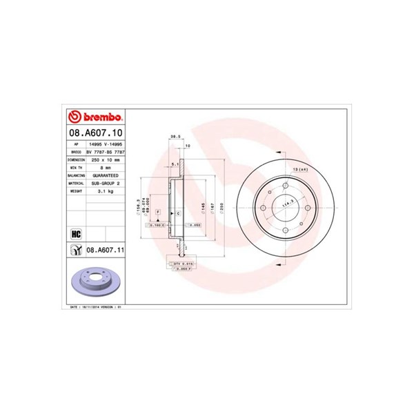 Bromsskiva Solid, Bakaxel Brembo 08.A607.10 BREMBO