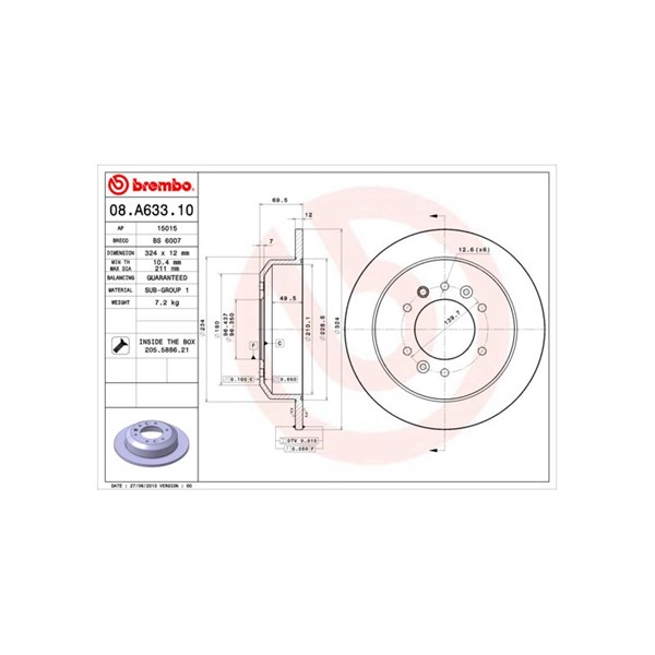 Bromsskiva Solid, Bakaxel Brembo 08.A633.10 BREMBO