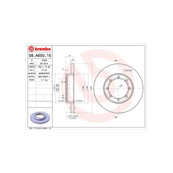 Bromsskiva Solid, Bakaxel Brembo 08.A650.10 BREMBO