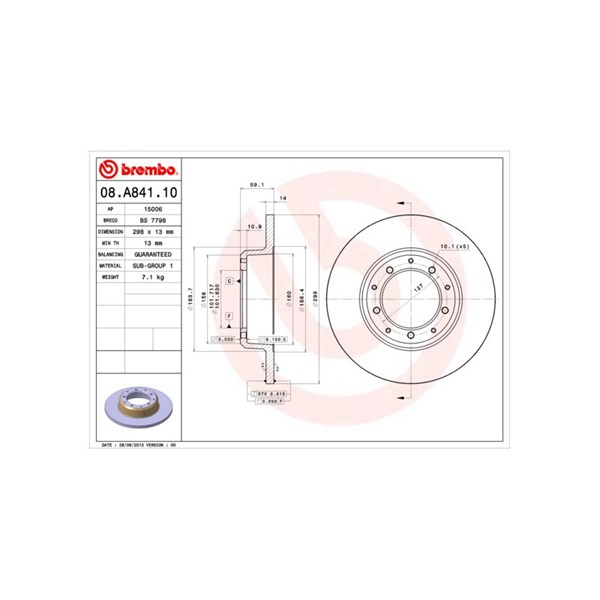 Bromsskiva Solid, Bakaxel Brembo 08.A841.10 BREMBO