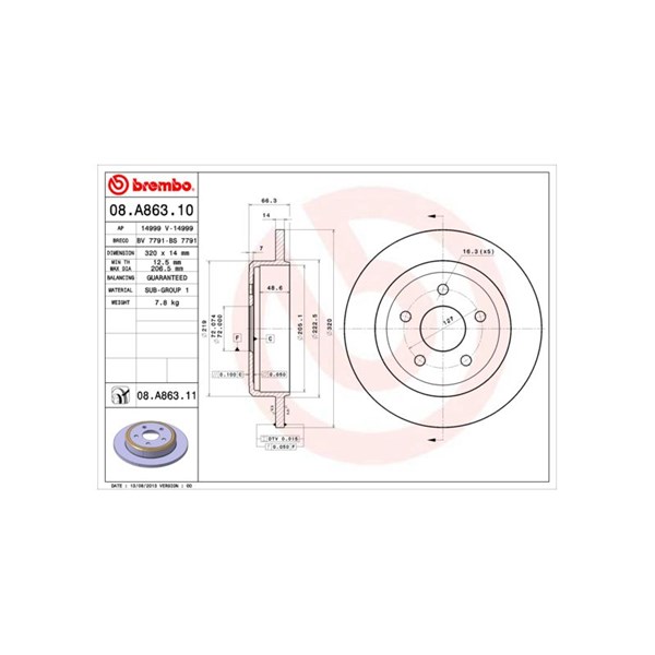 Bromsskiva Solid, Bakaxel Brembo Coated disc line 08.A863.11 BREMBO