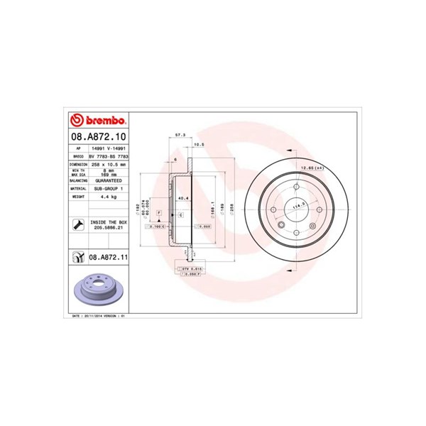 Bromsskiva Solid, Bakaxel Brembo 08.A872.10 BREMBO