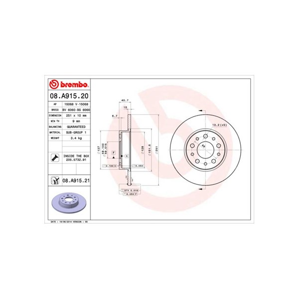 Bromsskiva Solid, Bakaxel Brembo Coated disc line 08.A915.21 BREMBO