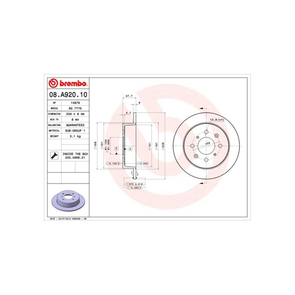Bromsskiva Solid, Bakaxel Brembo 08.A920.10 BREMBO