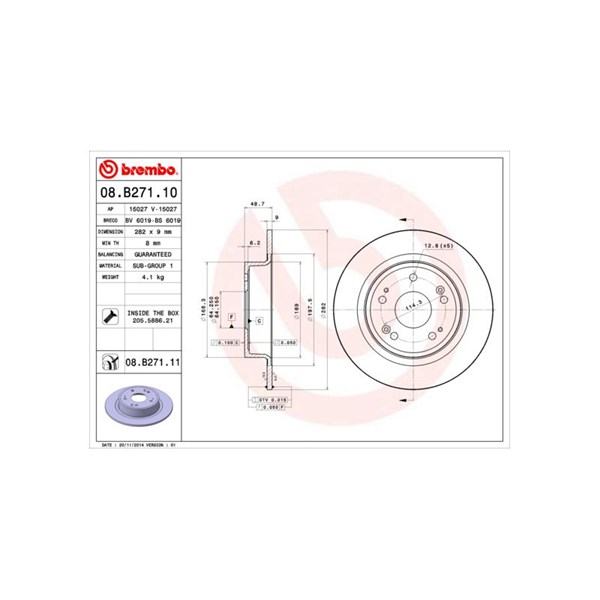 Bromsskiva Solid, Bakaxel Brembo 08.B271.10 BREMBO