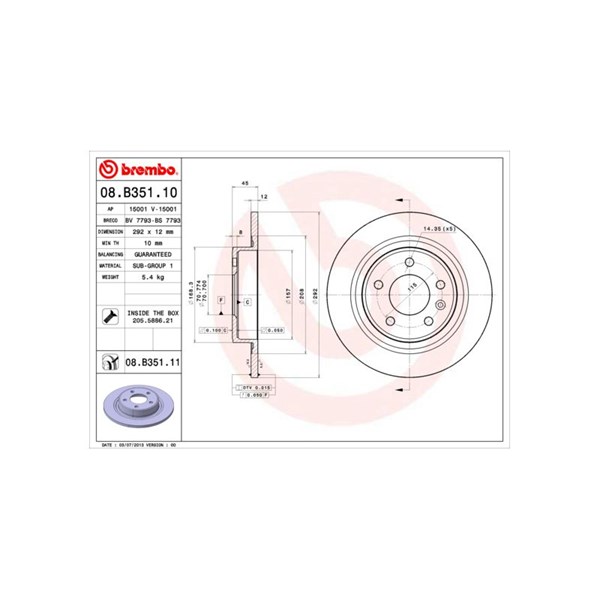 Bromsskiva Solid, Bakaxel Brembo Coated disc line 08.B351.11 BREMBO