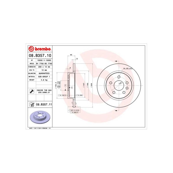 Bromsskiva Solid, Bakaxel Brembo 08.B357.10 BREMBO