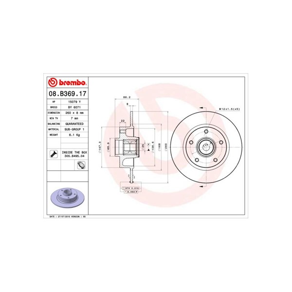 Bromsskiva Solid, Bakaxel Brembo Bearing disc line 08.B369.17 BREMBO
