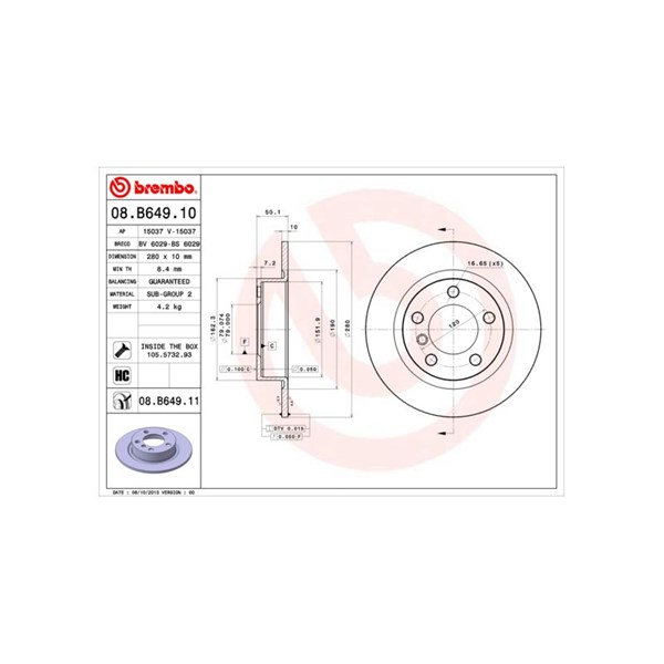 Bromsskiva Solid, Bakaxel Brembo Coated disc line 08.B649.11 BREMBO