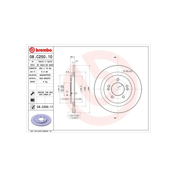 Bromsskiva Solid, Bakaxel Brembo Coated disc line 08.C250.11 BREMBO