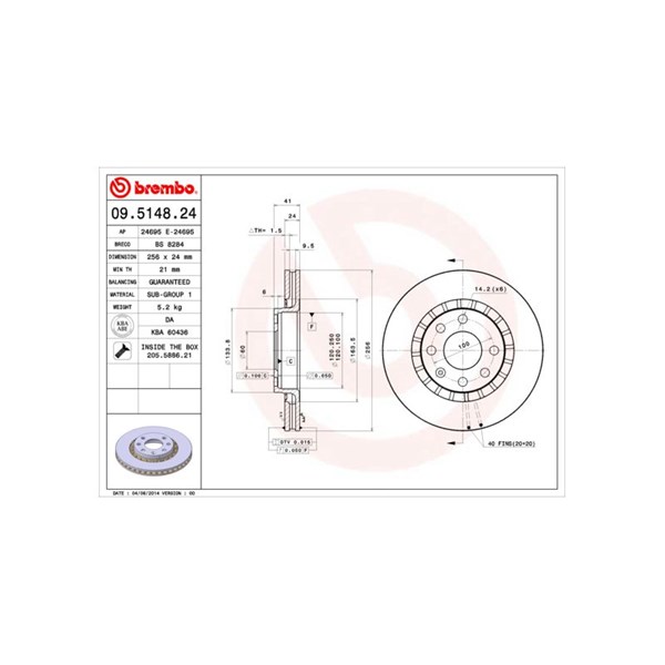 Bromsskiva Ventilerad, Framaxel Brembo 09.5148.24 BREMBO Bromsskiva Ventilerad, Framaxel Brembo 09.5148.24 BREMBO
