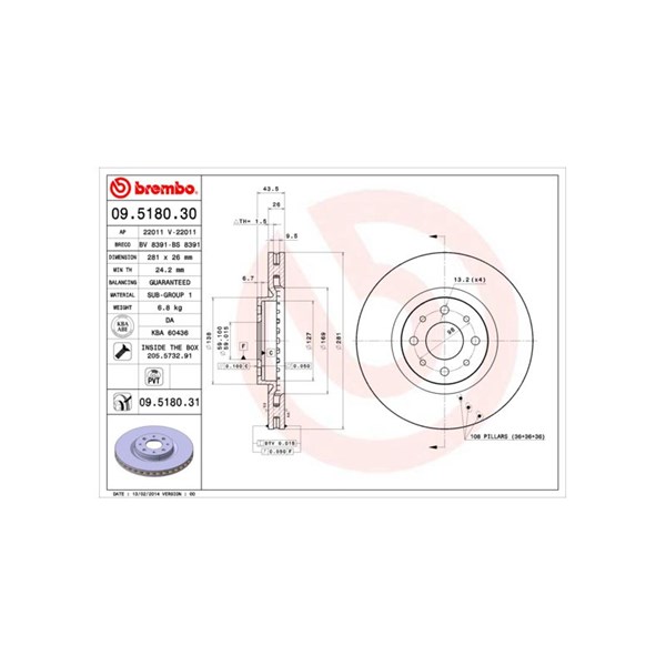 Bromsskiva Ventilerad, Framaxel Brembo 09.5180.31 BREMBO