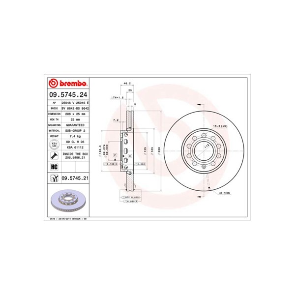 Bromsskiva Ventilerad, Framaxel Brembo 09.5745.24 BREMBO