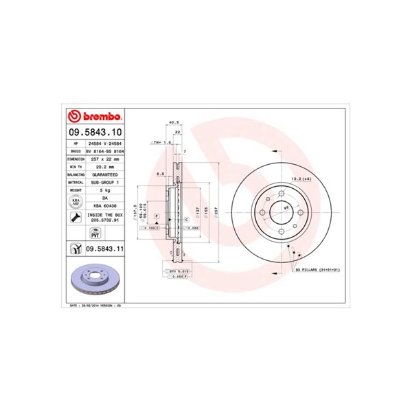 Bromsskiva Ventilerad, Framaxel Brembo 09.5843.11 BREMBO
