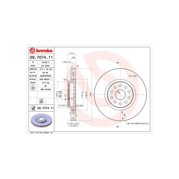 Bromsskiva Ventilerad, Framaxel Brembo 09.7074.11 BREMBO