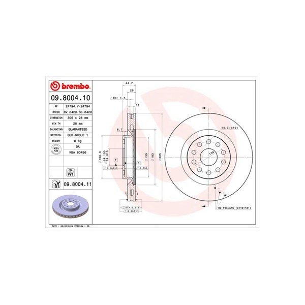 Bromsskiva Ventilerad, Framaxel Brembo 09.8004.11 BREMBO Bromsskiva Ventilerad, Framaxel Brembo 09.8004.11 BREMBO