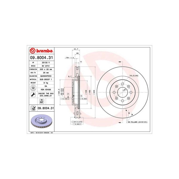 Bromsskiva Ventilerad, Framaxel Brembo 09.8004.31 BREMBO