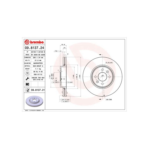 Bromsskiva Ventilerad, Framaxel Brembo 09.8137.21 BREMBO