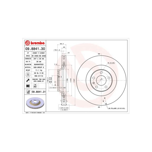 Bromsskiva Ventilerad, Framaxel Brembo 09.8841.30 BREMBO