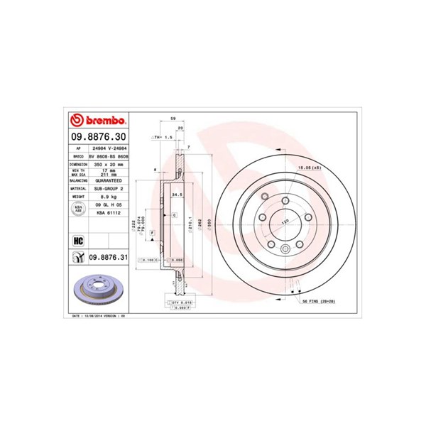 Bromsskiva Ventilerad, Bakaxel Brembo 09.8876.30 BREMBO