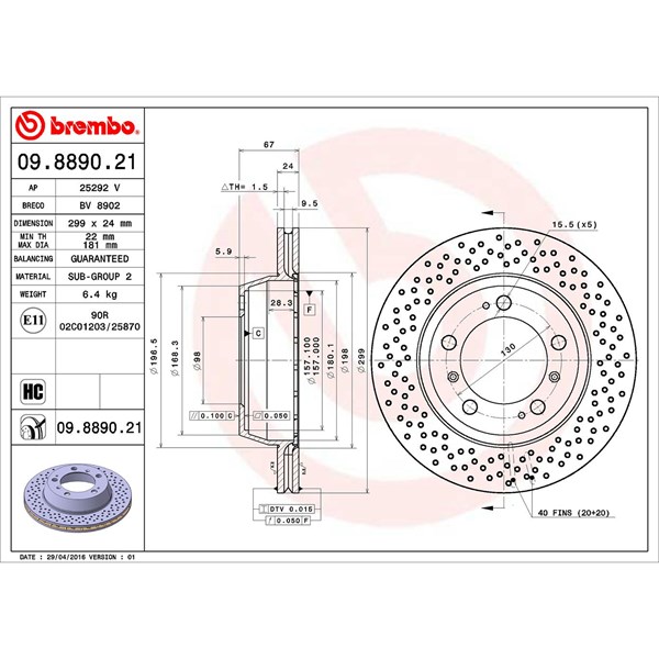Bromsskiva Hålad/ventilerad, Bakaxel Brembo 09.8890.21 BREMBO
