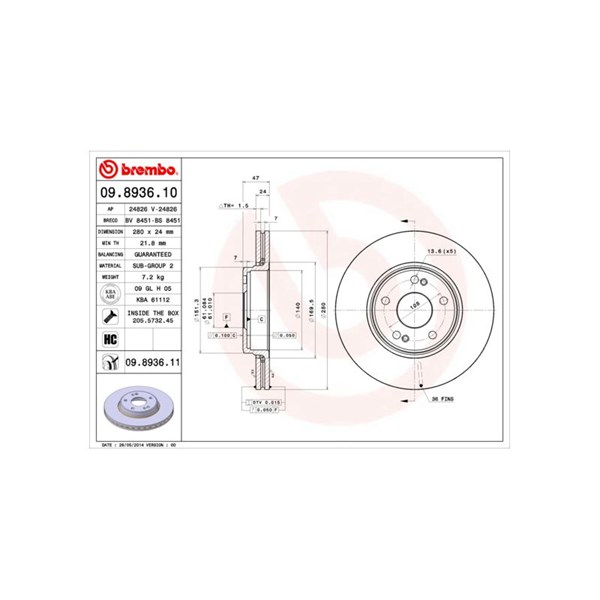 Bromsskiva Ventilerad, Framaxel Brembo 09.8936.11 BREMBO