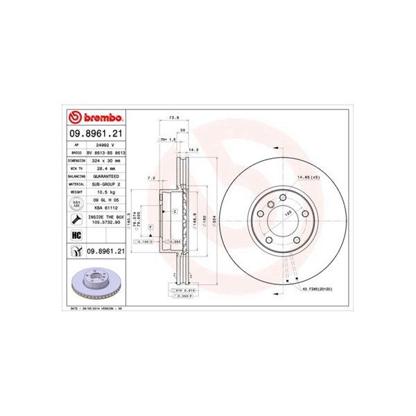 Bromsskiva Ventilerad, Framaxel Brembo 09.8961.21 BREMBO
