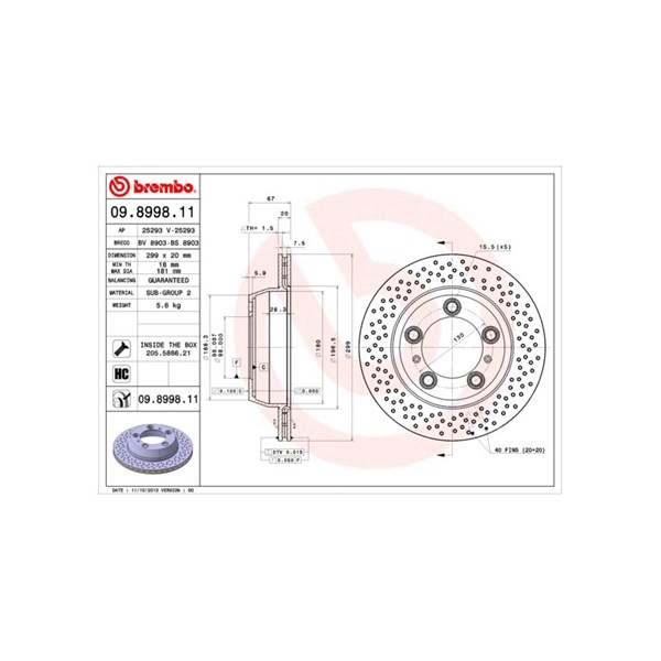Bromsskiva Hålad/ventilerad, Bakaxel Brembo 09.8998.11 BREMBO