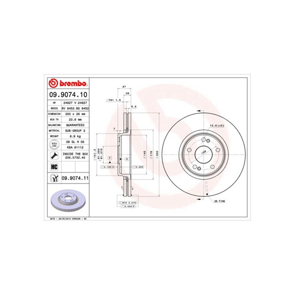 Bromsskiva Ventilerad, Framaxel Brembo 09.9074.11 BREMBO